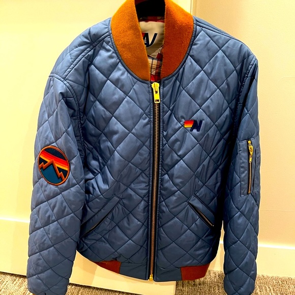 Aviator Nation Jackets & Blazers - Aviator Nation Quilted and insulated Blue Bomber Jacket with mountain patch.